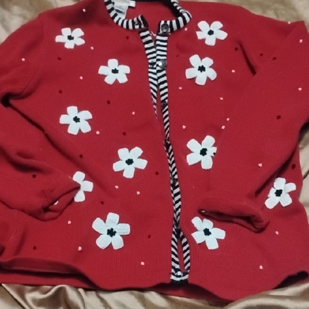 Red Cardigan with Floral Design Talbots